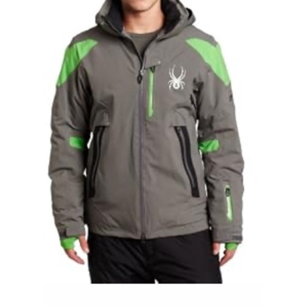 Spyder Mens Leader Jacket XL Grey Neon Green Waterproof Hooded Winter MSRP $575